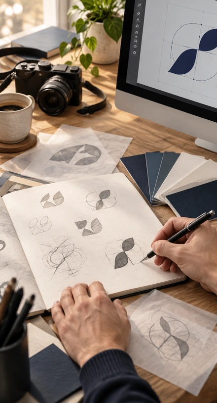 Content und Design: Kamera, Skizzen und Logoentwurf auf dem Tisch, hoch