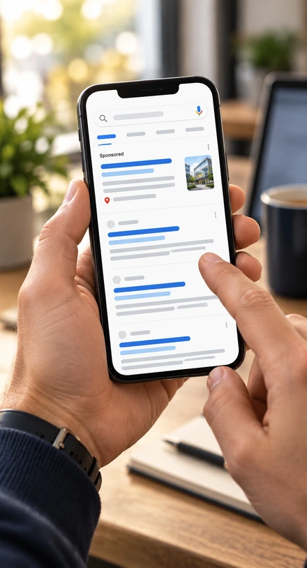 Google Ads: Suchergebnisseite mit Anzeige auf dem Smartphone, hoch