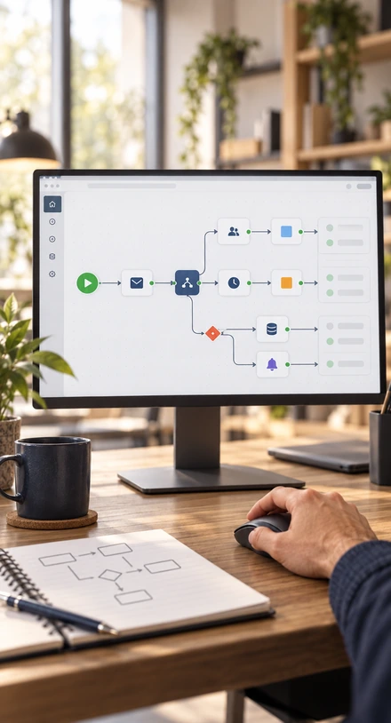 Software und Automationen: Ablaufdiagramm auf einem Bildschirm, hoch