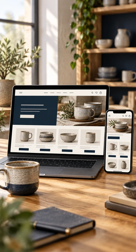 Websites und Onlineshops: Website eines Betriebs auf Laptop und Smartphone, hoch