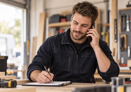 Handwerker nimmt am Telefon eine Kundenanfrage entgegen, quer